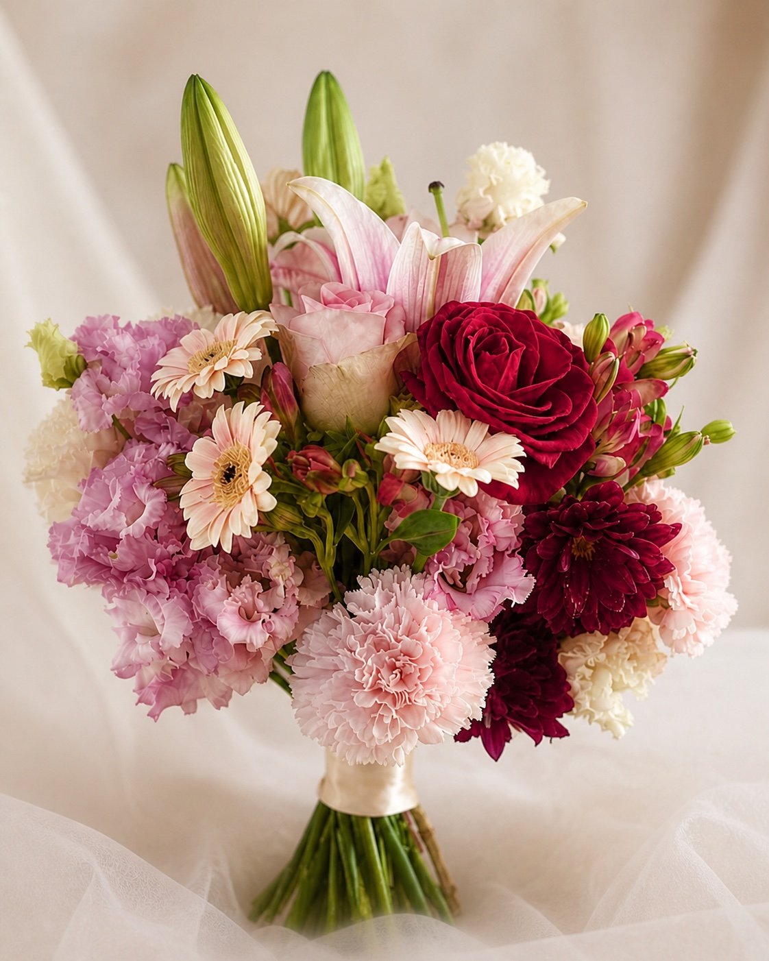 Bouquet généreux rose, blanc et bordeaux Harmonie