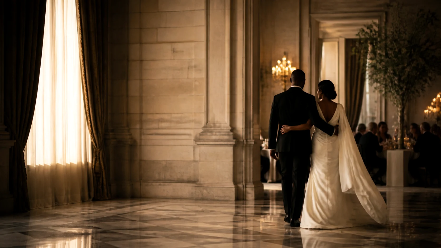 Ambiance cinématographique d'un mariage élégant