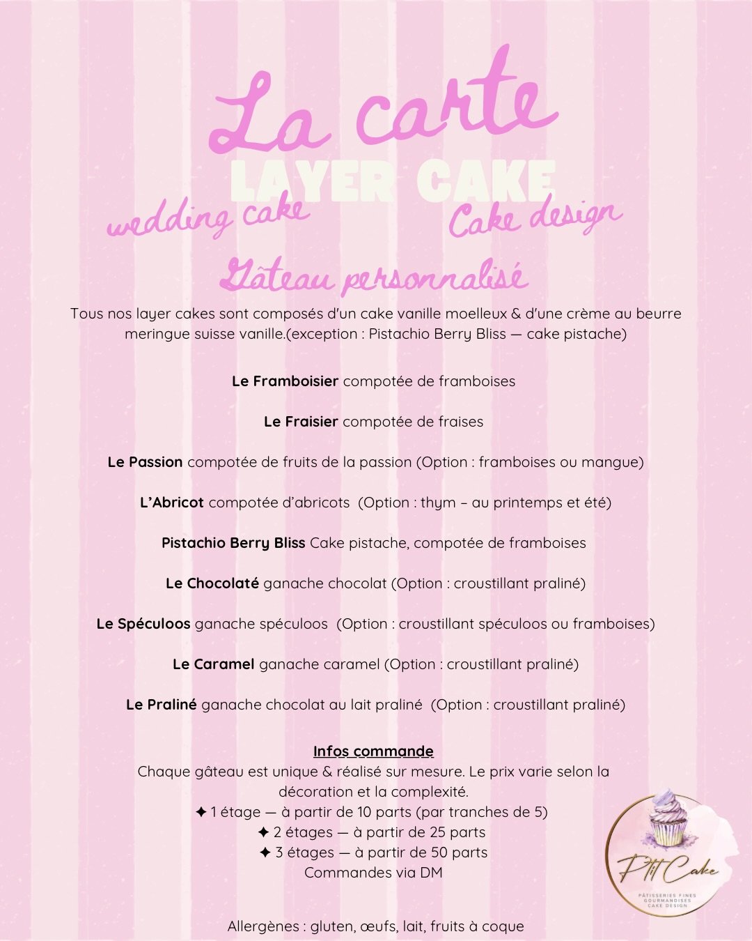 Carte des layer cakes P’tit Cake avec saveurs, tailles et allergènes